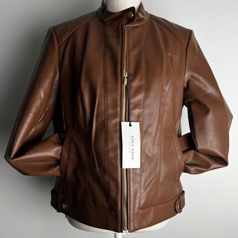 NWT Cole Haan Signature Fitted Racer Moto Jacket, Large, Hazel - Picture 1 of 16
